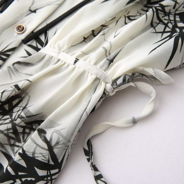 Ink printing waist-hugging strap buckle chiffon age-reducing shirt summer large size loose belly-covering short-sleeved versatile top