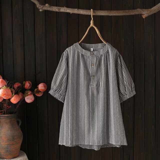 Large size women's summer new fashionable design pullover puff short-sleeved plaid plus-size shirt women's top