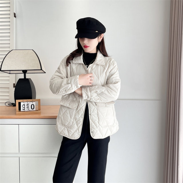 Autumn and winter new female light loose warm padded jacket large size fat MM lapel diamond -shaped grid pressure line small cotton jacket jacket