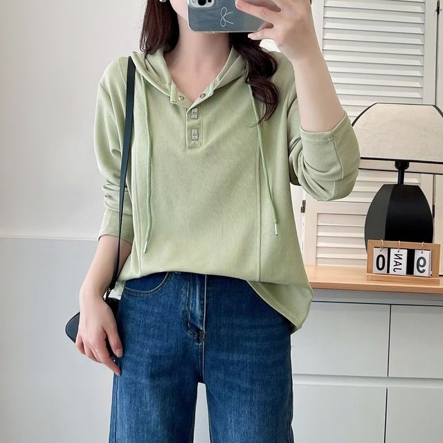 Large size women's drawstring hooded sweatshirt for women in autumn sports and casual loose slim solid color versatile long-sleeved top