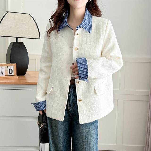 Large size women's plaid shirt collar spliced ​​small fragrance jacket spring and autumn new casual versatile jacket top