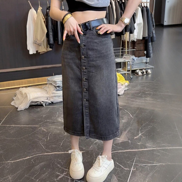 
Large size women's high waist slim without elastic straight half-body denim skirt summer new retro versatile slit hip-pack skirt