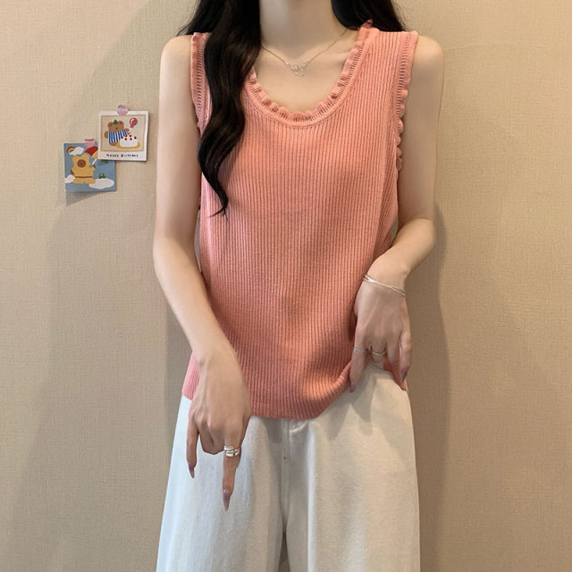 Large size can be worn with ruffled knitted base strap vest for women in summer fat mm flesh-covering sleeveless inner top

