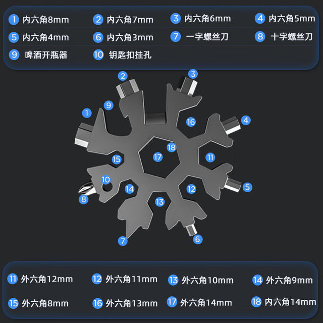 Multifunctional snowflake wrench keychain portable hexagonal high carbon steel octagonal mini wrench tool universal