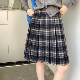Large size retro plaid pleated high waist skirt autumn and winter fat mm A line slim mid skirt college style short skirt ins