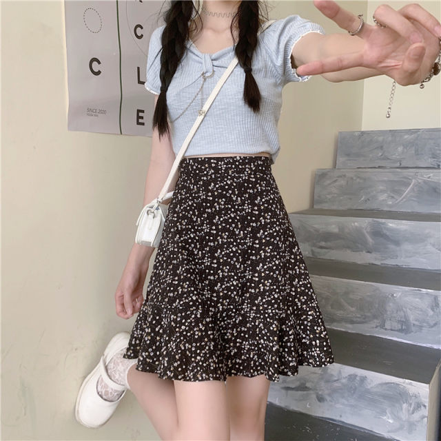 Floral skirt A-line skirt new summer small fresh large size women's elastic waist ruffle skirt anti-exposure skirt