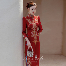 《 eyebrows》 cheong toast Bride 2023 new improved high-end backdoor engagement evening dress autumn and winter long sleeves