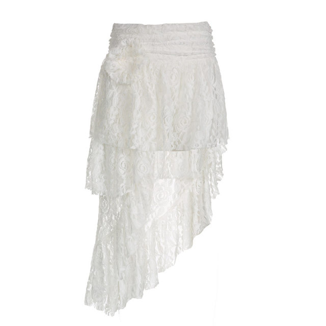 Asymmetric design sense Girl short skirt summer new lace stitching flowers decorate individual skirt
