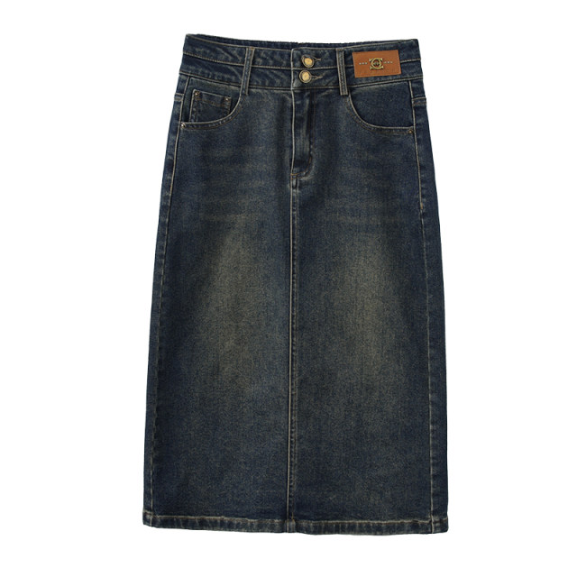 Women's 2025 Spring and Autumn New Retro Blue High Waist Mid-Length Slit One-Step Skirt
