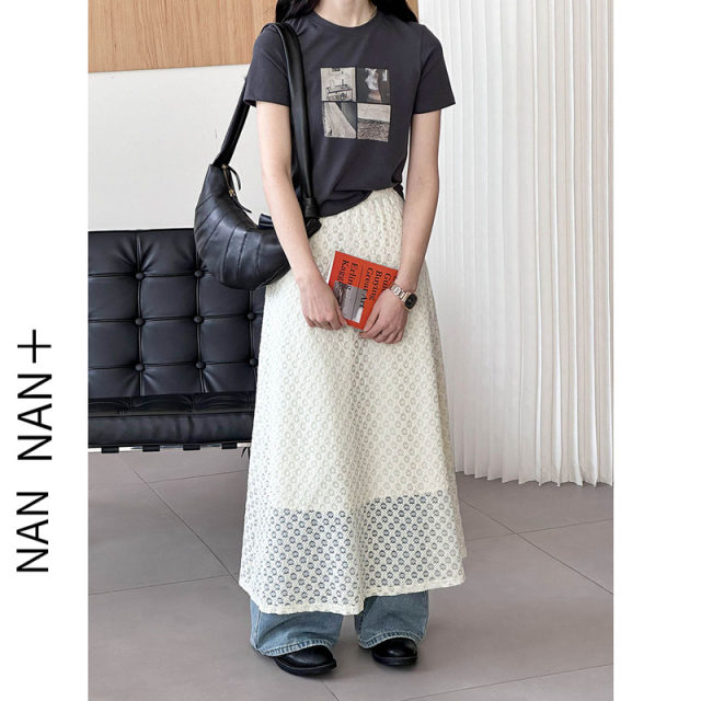 Sweet lace long skirt for women in spring and autumn design double-layer hollow lace elastic high-waist skirt stacked
