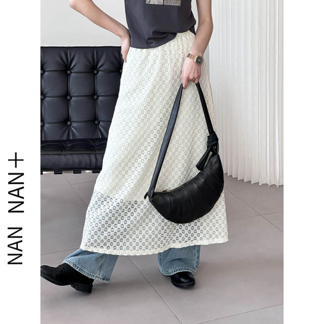 Sweet lace long skirt for women in spring and autumn design double-layer hollow lace elastic high-waist skirt stacked
