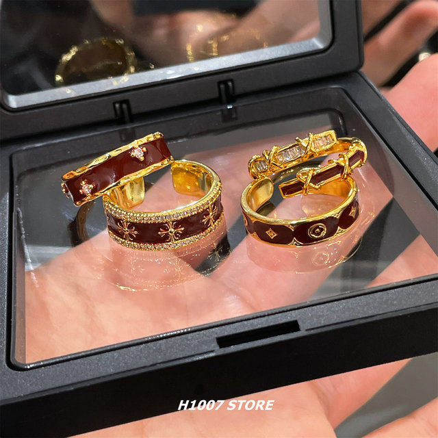 
Retro Crowe old flower wine red gold cross flower ring for women niche design men index finger ring new style new style ring new style