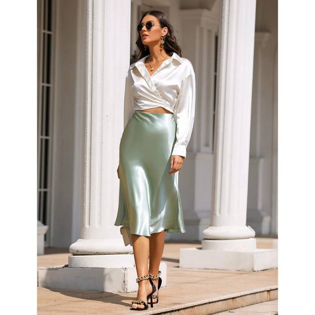 
Vanilla Green Elastic waist Three-acetic acid skirt for women gray silver short mid-length temperament commuting OL goddess umbrella skirt