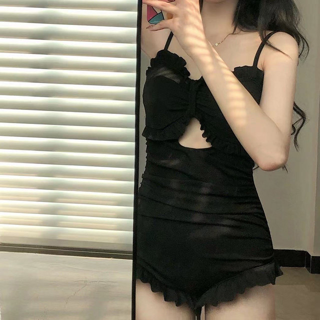 cicory black student long-sleeved swimsuit covering belly and making you look slim and conservative female conservative hot spring one-piece flat horn swimsuit female