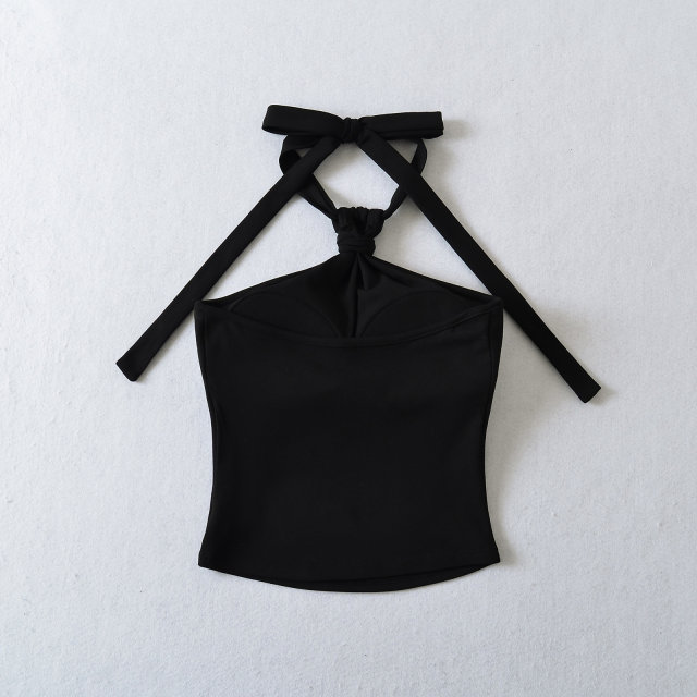 Pure sexy hot girl knotted halter neck black vest for women in summer new sleeveless chest pad backless slim strap
