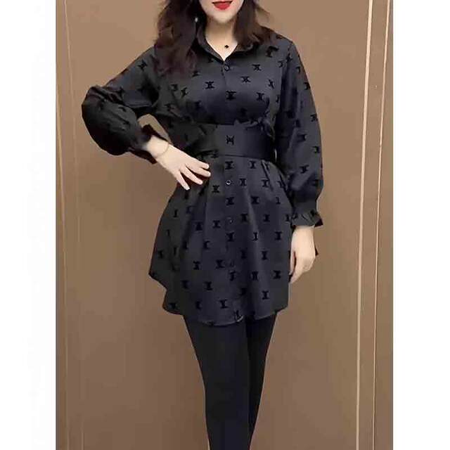 High-end black POLO collar printed shirt for women 2025 spring style waist-hugging and slimming mid-length casual and fashionable shirt