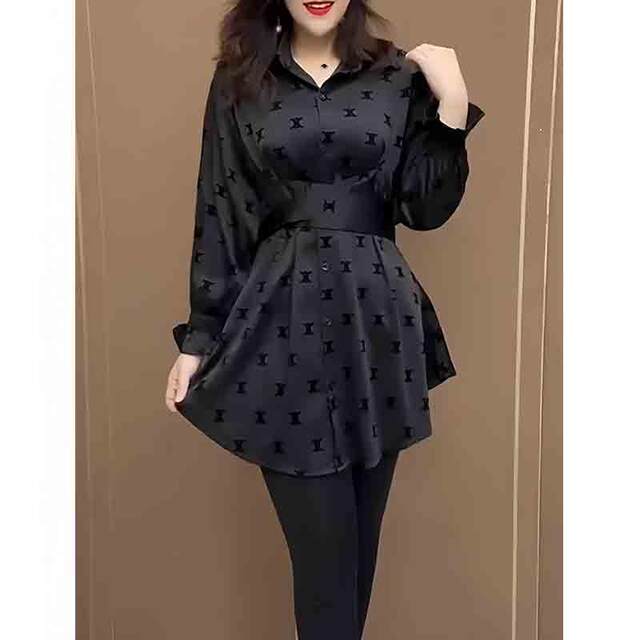 High-end black POLO collar printed shirt for women 2025 spring style waist-hugging and slimming mid-length casual and fashionable shirt