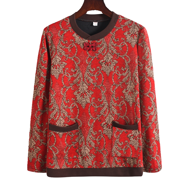 Large size middle-aged and elderly women's clothing spring and autumn floral long sleeve round neck fashionable fashionable base shirt mother's clothing middle-aged and elderly top
