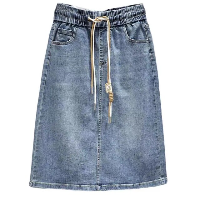 
2025 summer thin elastic waist tied denim skirt for women with a slit half-body midskirt, slim and versatile A-line skirt