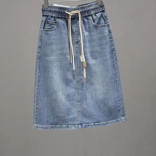 
2025 summer thin elastic waist tied denim skirt for women with a slit half-body midskirt, slim and versatile A-line skirt
