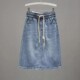 
2025 summer thin elastic waist tied denim skirt for women with a slit half-body midskirt, slim and versatile A-line skirt