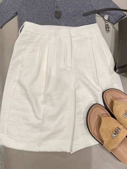 Japanese lazy white linen suit shorts women's summer new high-waisted niche cotton and linen straight casual five-point pants
