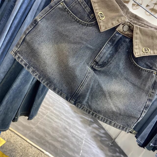 Retro fashionable high-waist design flanged contrasting denim skirt slimming versatile hot girl A-line hip skirt