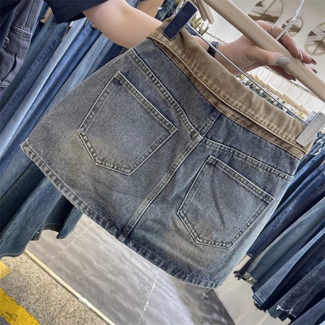 Retro fashionable high-waist design flanged contrasting denim skirt slimming versatile hot girl A-line hip skirt