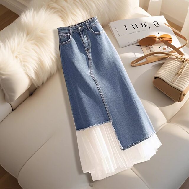 Blue denim skirt 2025 early spring fashionable and high-end high-waisted hip-covering denim skirt for mesh

