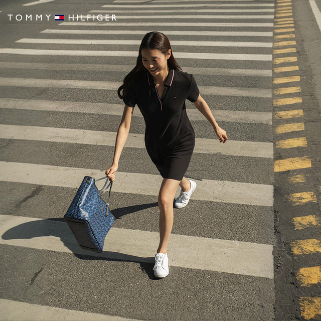 Tommy spring and summer women's piqué mesh elegant casual trim V-neck slim short-sleeved POLO dress