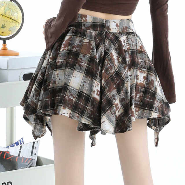 Irregular old plaid skirt female spring and autumn retro high -waisted high -waisted A -line skirt anti -light girl ins, hip skirt
