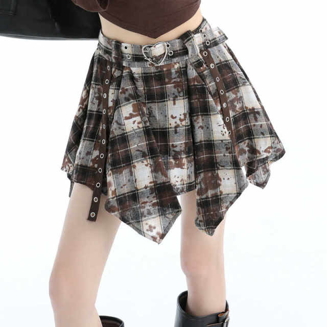 Irregular old plaid skirt female spring and autumn retro high -waisted high -waisted A -line skirt anti -light girl ins, hip skirt
