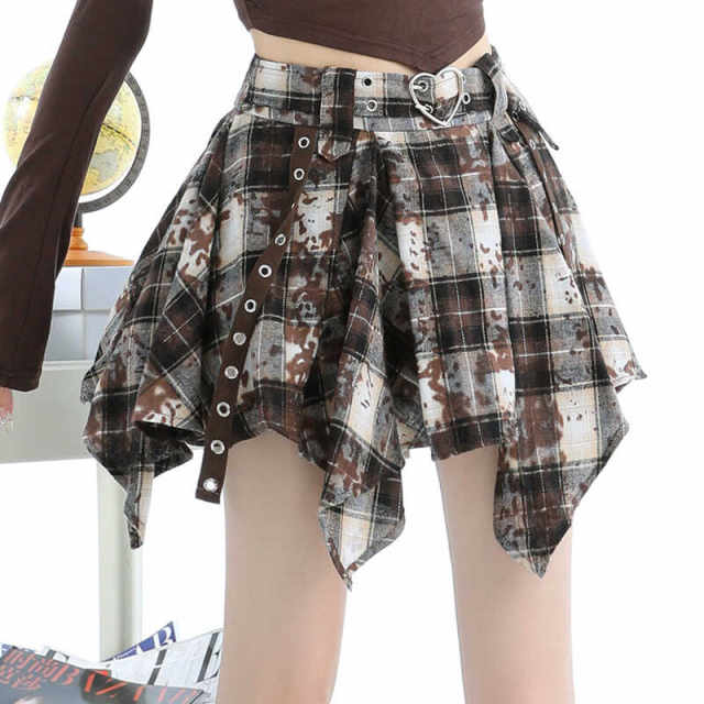 Irregular old plaid skirt female spring and autumn retro high -waisted high -waisted A -line skirt anti -light girl ins, hip skirt
