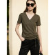 Amii2025 summer new short-sleeved T-shirt for women's fashionable casual V-neck pure cotton top pleated design versatile