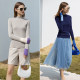 Amii Gray sweater for women 2025 summer new long-sleeved slim half-high neck bottoming shirt contrast cuff top