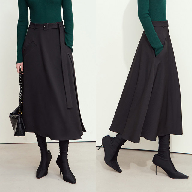 Amii2024 winter new style commuting elegant belted non-iron anti-wrinkle skirt women's loose A-line skirt long skirt