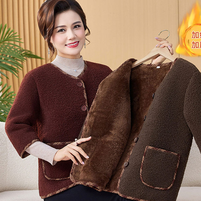 Mom wears short-sleeved vest in autumn and winter plus velvet thickened seven-quarter sleeve cotton coat for middle-aged and elderly women's half-sleeved jacket