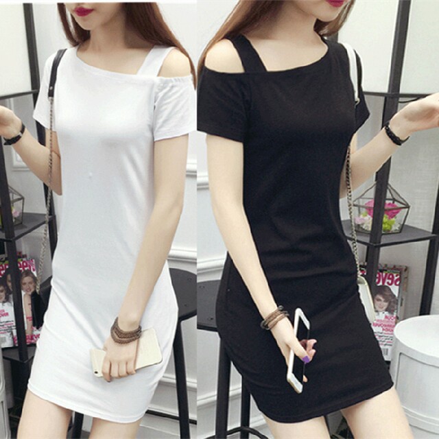 Summer new one word collar oblique shoulder cotton stripe medium long ...