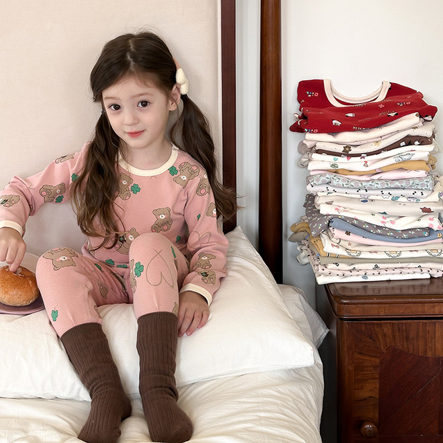 Children's Class A 280g wool pull-frame autumn and winter home clothes for boys and girls boneless pajamas set baby autumn clothes and autumn pants