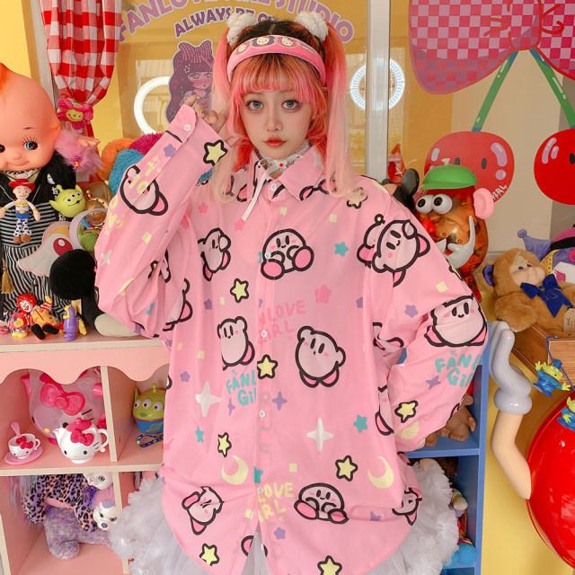 Exclusive original rice family cute Japanese original long -sleeved long -sleeved pink cartoon sweet soft girl shirt