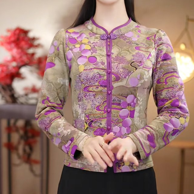 
High-end temperament printed autumn and winter new fashion retro long-sleeved shirt plus velvet thickening warm and western style improved top