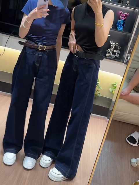 Large size women's clothing 2025 spring new high-waist straight jeans for women fat mm loose slimming wide-leg floor trousers