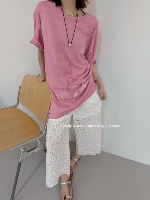 European Station 2025 Summer Design Sensory Letter Iron Tower Pattern Printed Loose Large Pink T -shirts
