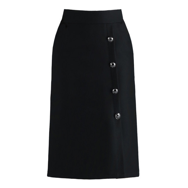2025 Spring and Summer New hip-covered skirt Mid-length skirt Black buttons Front slit One-step bottoming skirt Spring and autumn