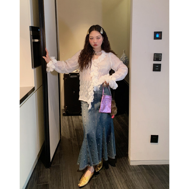 Dazi gold large diamond diamond denim skirt women's 2025 new spring high waist large size fat mm fish tail skirt long skirt