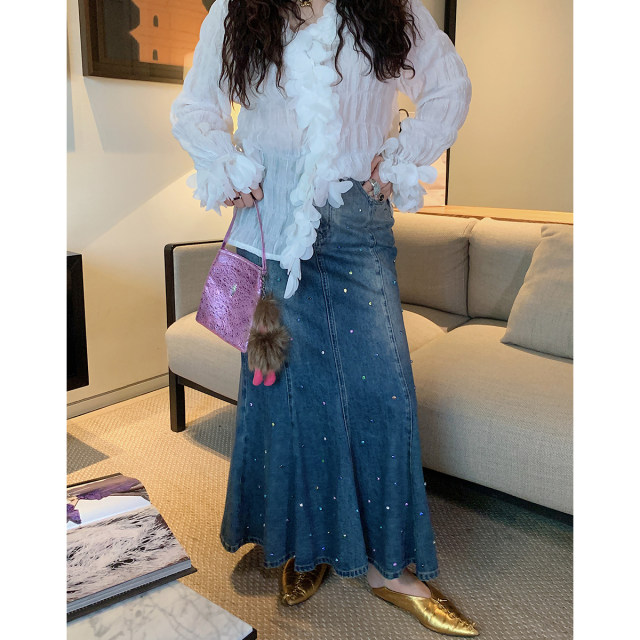 Dazi gold large diamond diamond denim skirt women's 2025 new spring high waist large size fat mm fish tail skirt long skirt