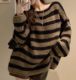 Retro lazy thickened striped sweater for women in autumn and winter 9-minute sleeves one-length neck sweater loose chic top pullover
