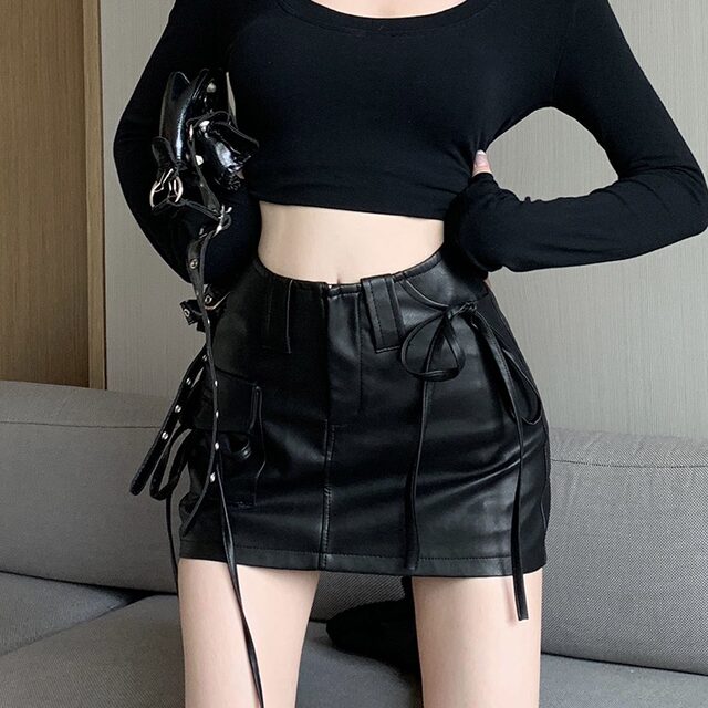 150 small skirt with Autumn and winter xs size small lace-up pu short skirt A-line skirt leather skirt 145 plus small size xxs