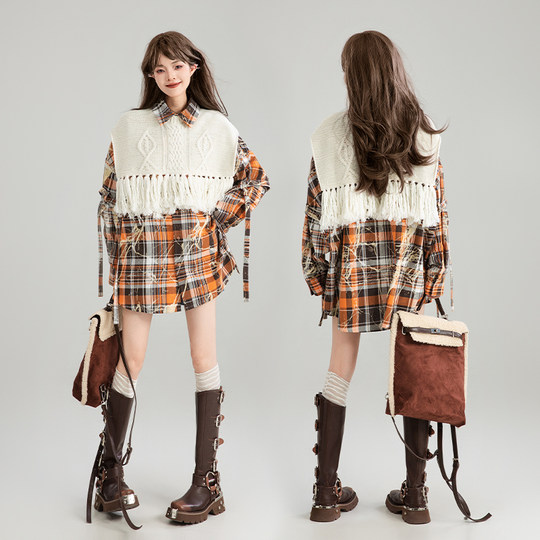 Keiko retro rendering grid long -sleeved shirt 2025 Spring atmosphere Sentence, orange loose jacket, jacket
