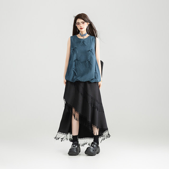 KEIKO Sweet and Salt Flower Bud-shaped Sleeveless Top for Women 25 Summer Bow Lick Flower Light Denim Vest
